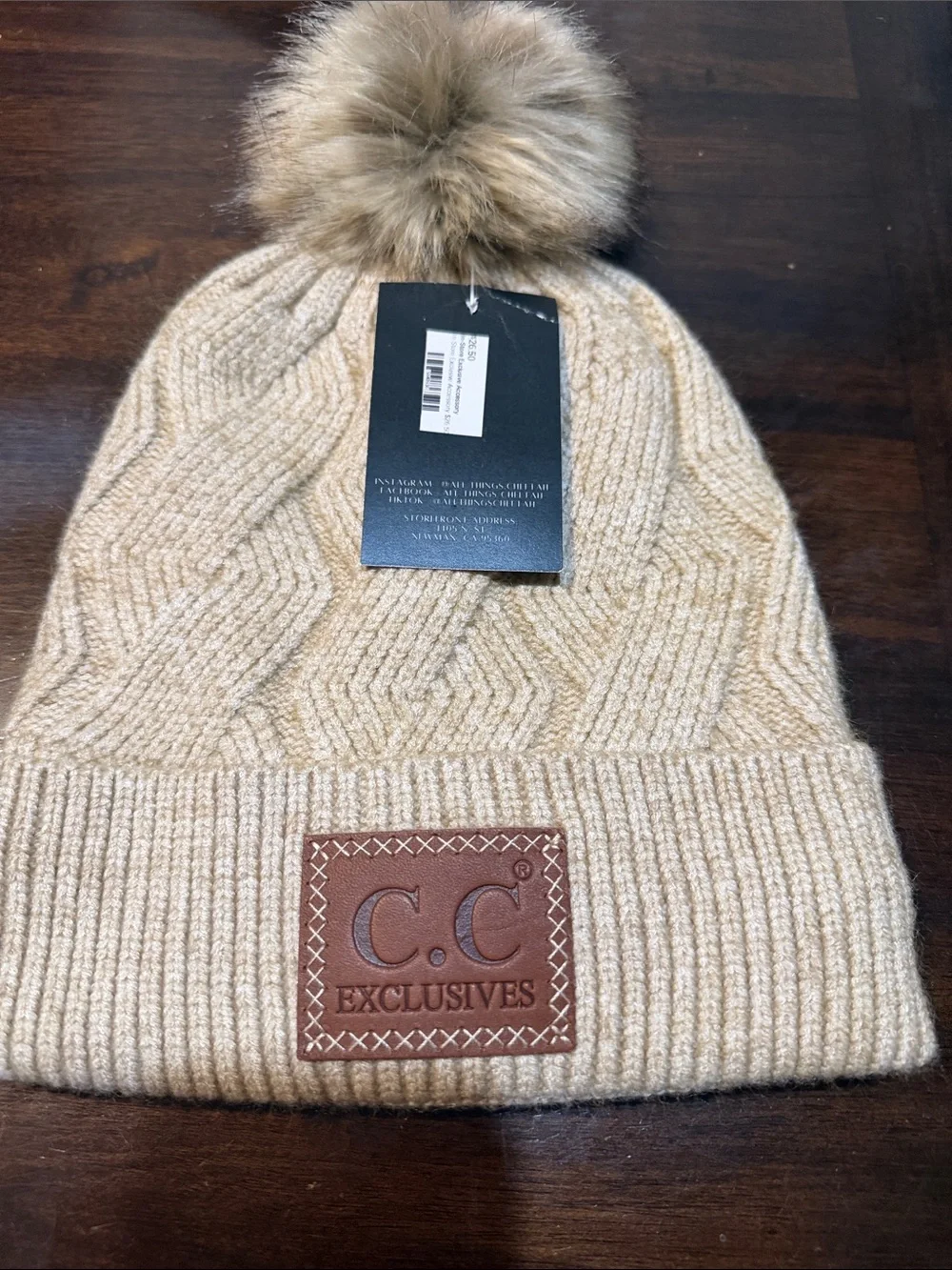 C.C Tan Beanie with Faux Fur Pom
